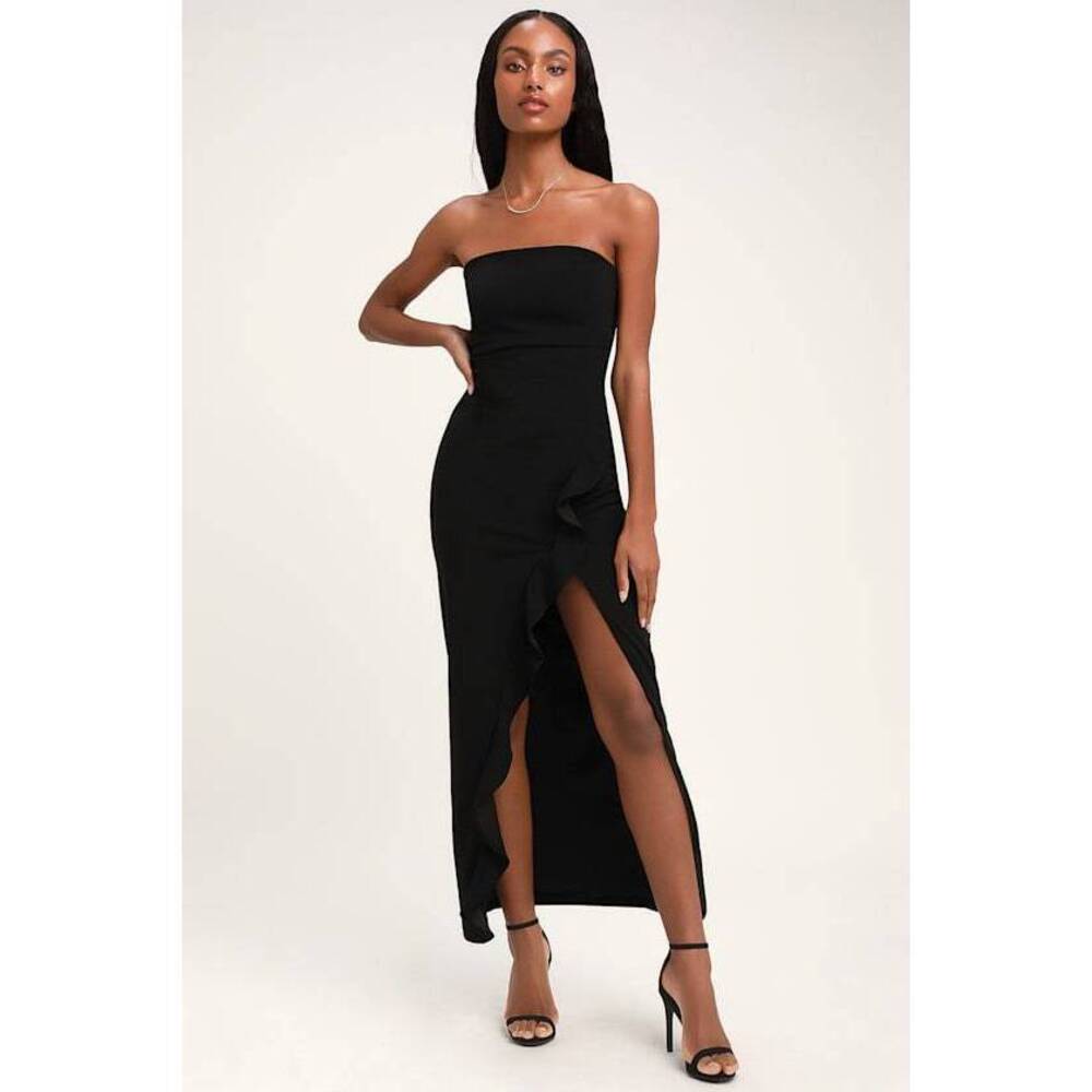 Lulus After Hours Black Strapless Ruffled Maxi Dress - Size L